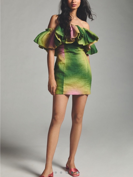 Anthropologie Dresses & Skirts - Anthropology Green and Pink Off-Shoulder Ruffle Mini Dress